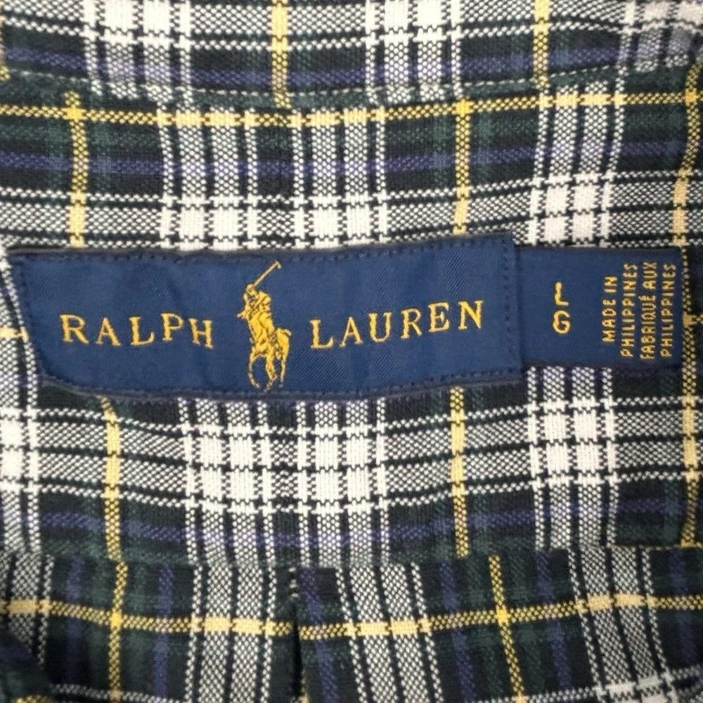 Polo Ralph Lauren Shirt Mens Large L Green Blue Plaid Long Sleeve Button Down